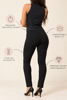 A woman shown from the back wearing black slim-fit ankle-length pants with a wide, comfortable waistband. The image includes text callouts highlighting features such as being designed for apple shape, comfortable waist fit, slim leg silhouette, and premium Italian craftsmanship.