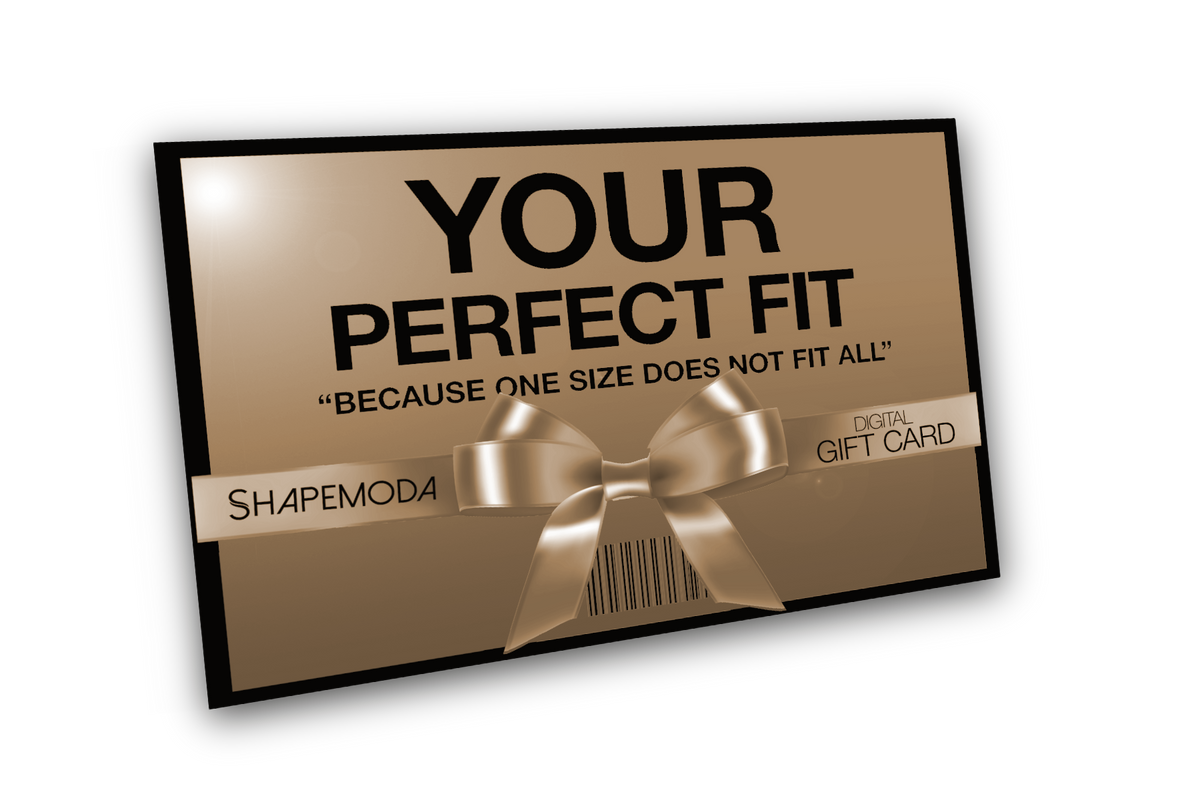 A gift card with the text 'YOUR PERFECT FIT' and the 'SHAPEMODA' brand logo, featuring a gold color scheme and a bow graphic.