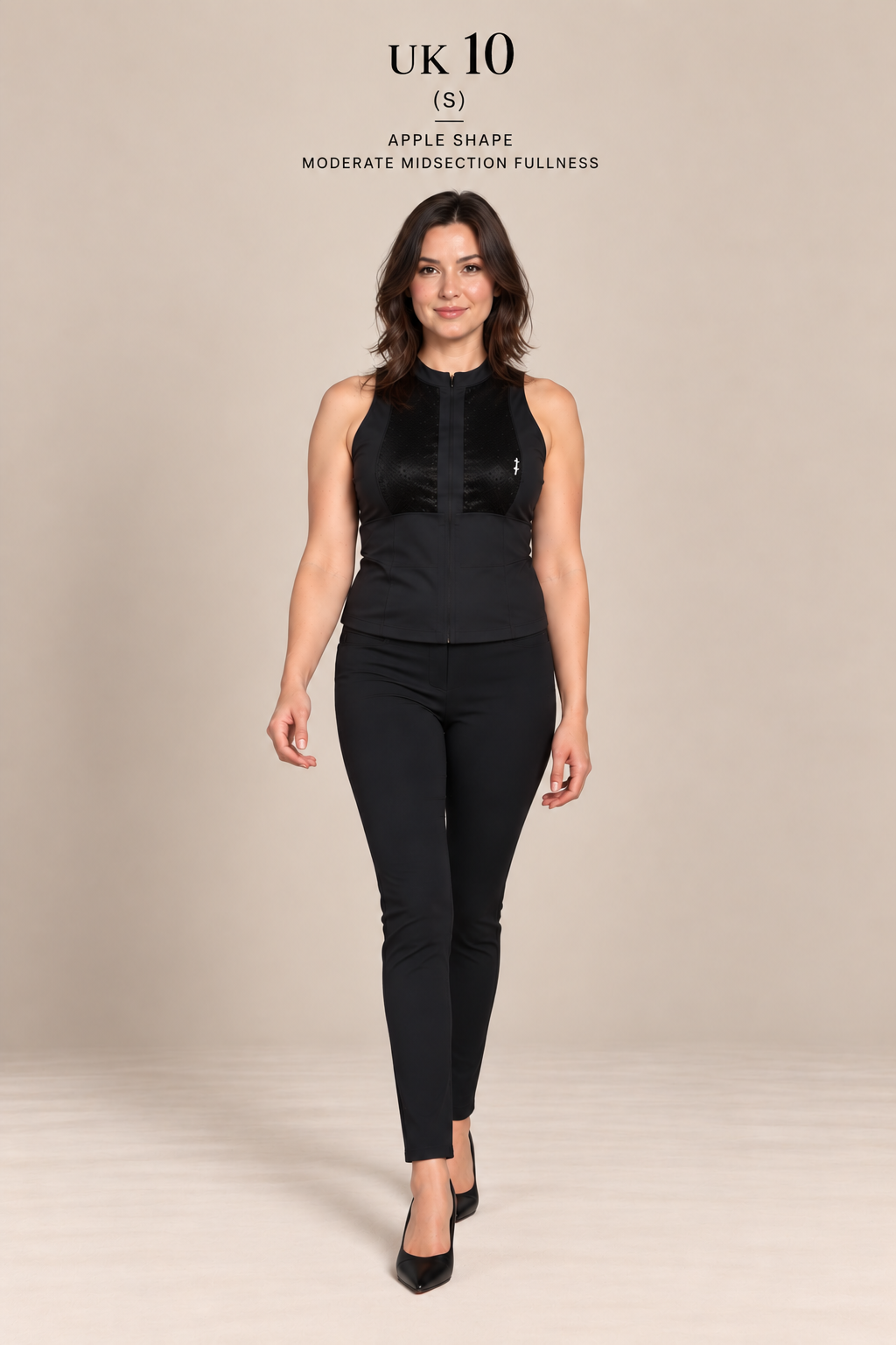 A woman modeling a black sleeveless top and black pants against a plain beige studio background. Text at the top reads 'UK 10 (S)' and 'APPLE SHAPE MODERATE MOSSECTION FULLNESS'.